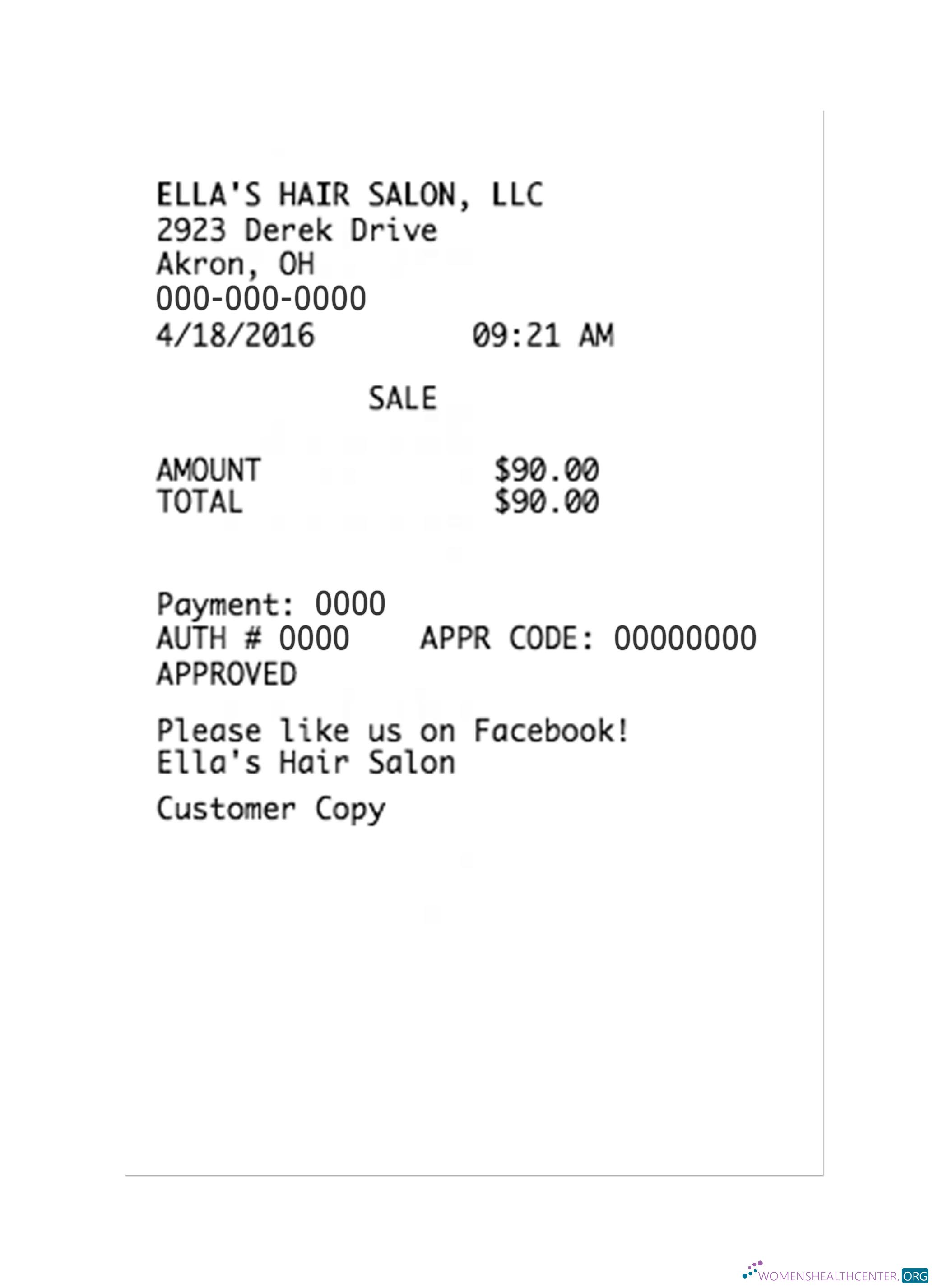Премиум Скачать ELLA'S HAIR SALON LLC Payment Receipt Photoshop Шаблон
