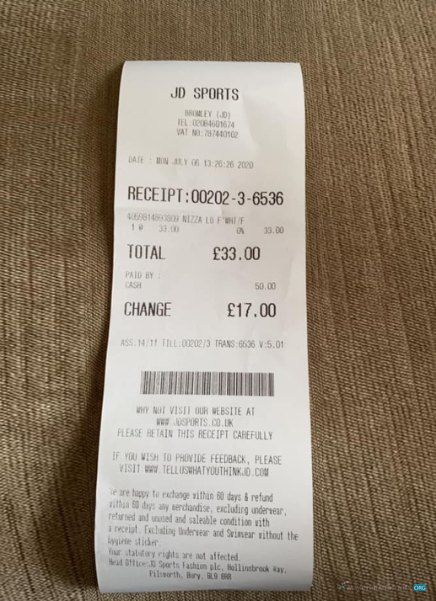 Реалистичный Скачать JD Sports Store Payment Receipt Photoshop Шаблон