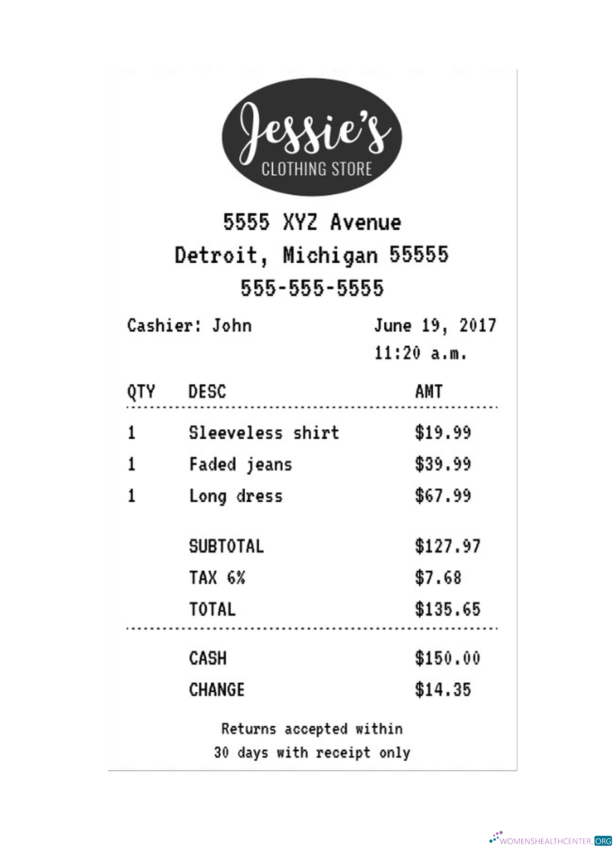 Реалистичный Скачать JESSIE'S CLOTHING STORE Receipt Photoshop Шаблон