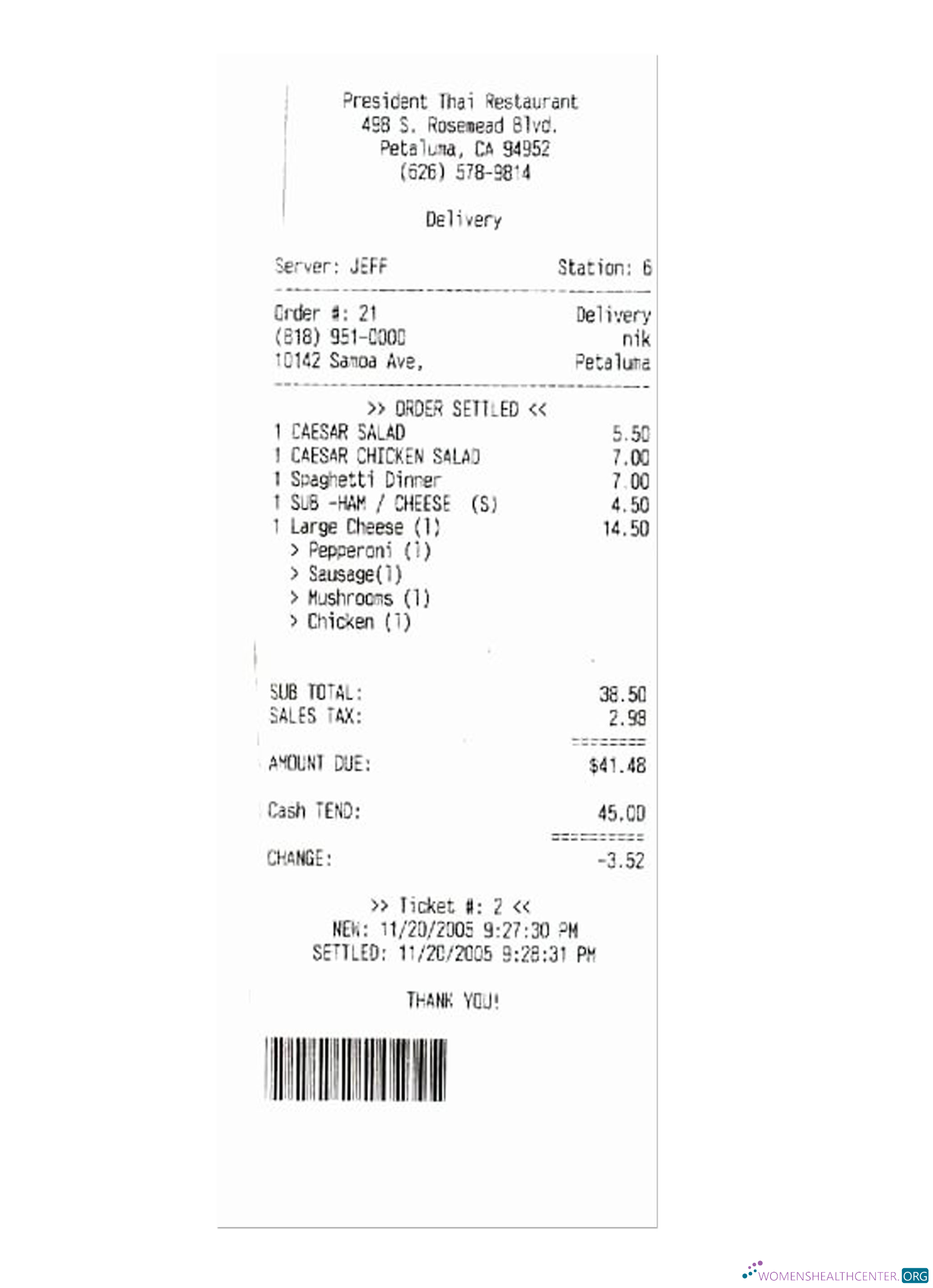 Редактируемый Скачать PRESIDENT THAI RESTAURANT Payment Check Версия 2 Photoshop Шаблон