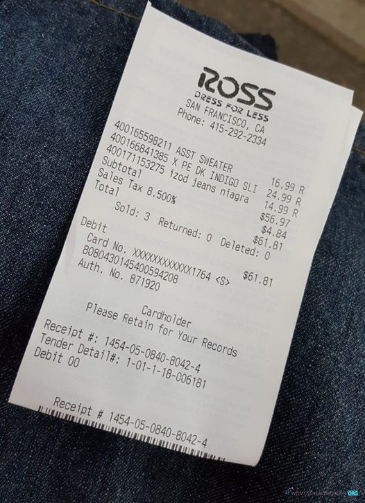 Реалистичный Скачать Ross Store Payment Receipt Photoshop Шаблон