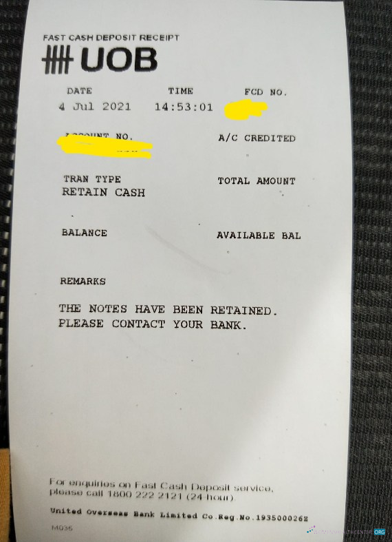 Реалистичный Скачать Сингапур UOB Банк Депозитный Receipt Photoshop Шаблон