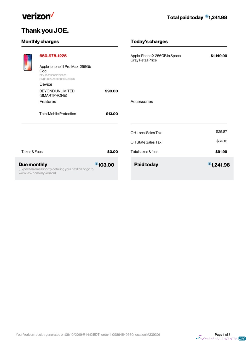 Реалистичный Скачать Verizon Компания Payment Receipt Photoshop Шаблон