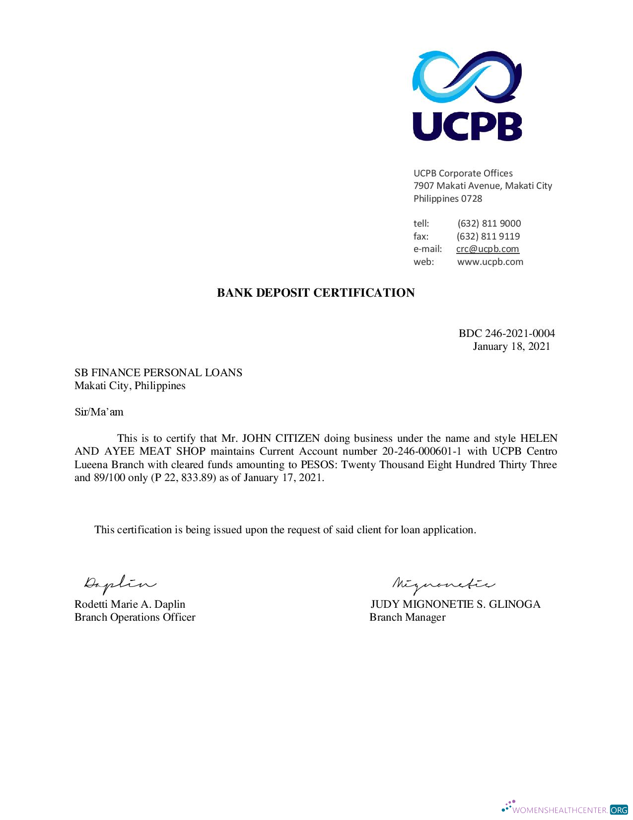 Премиум Скачать Филиппины UCPB Банк Депозитный Certification Letter Photoshop Шаблон