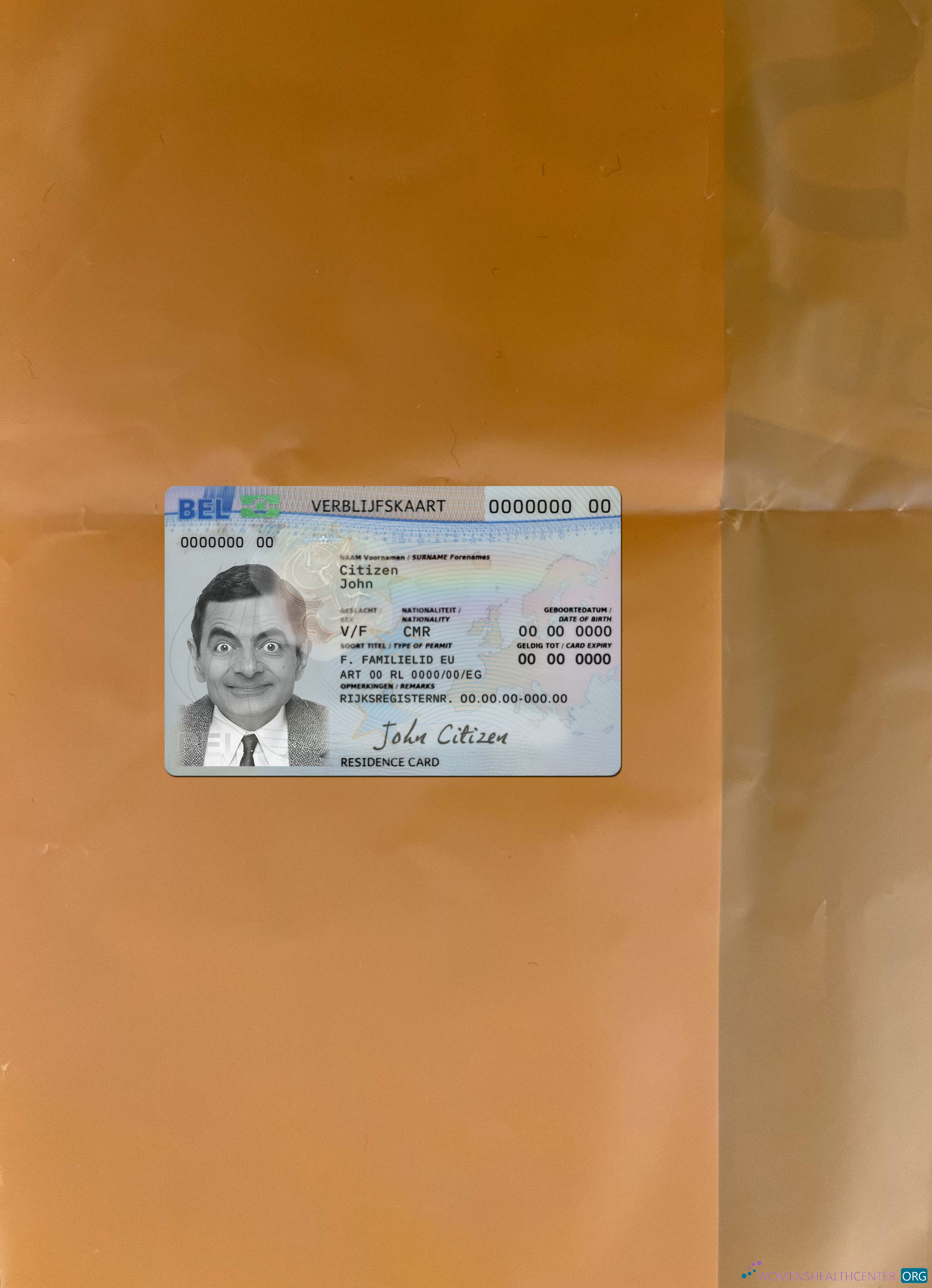 Редактируемый Скачать Бельгия Residence Permit Карта Фотоэффект Лицевая Сторона Photoshop Шаблон