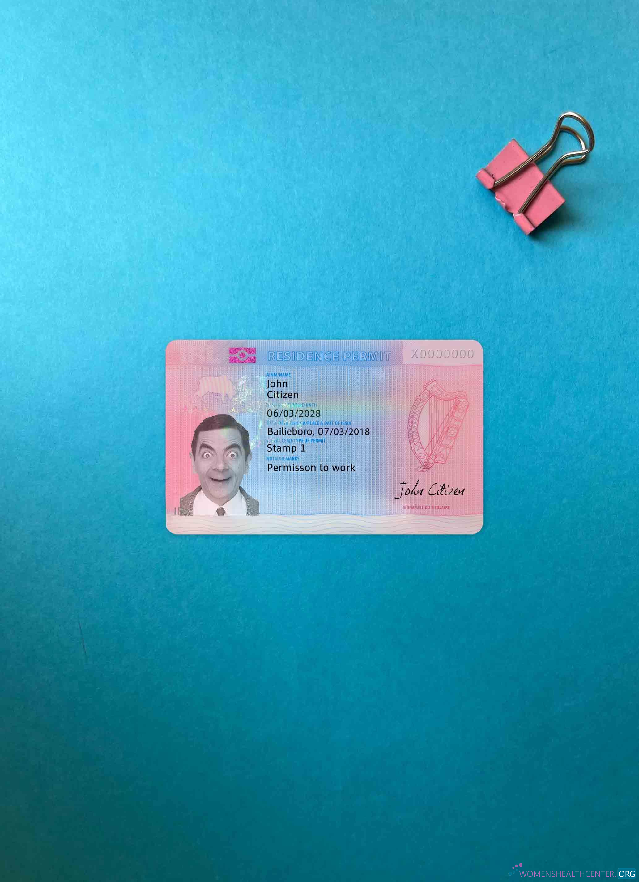 Редактируемый Скачать Ирландия Residence Permit Фотоэффект Лицевая Сторона Photoshop Шаблон