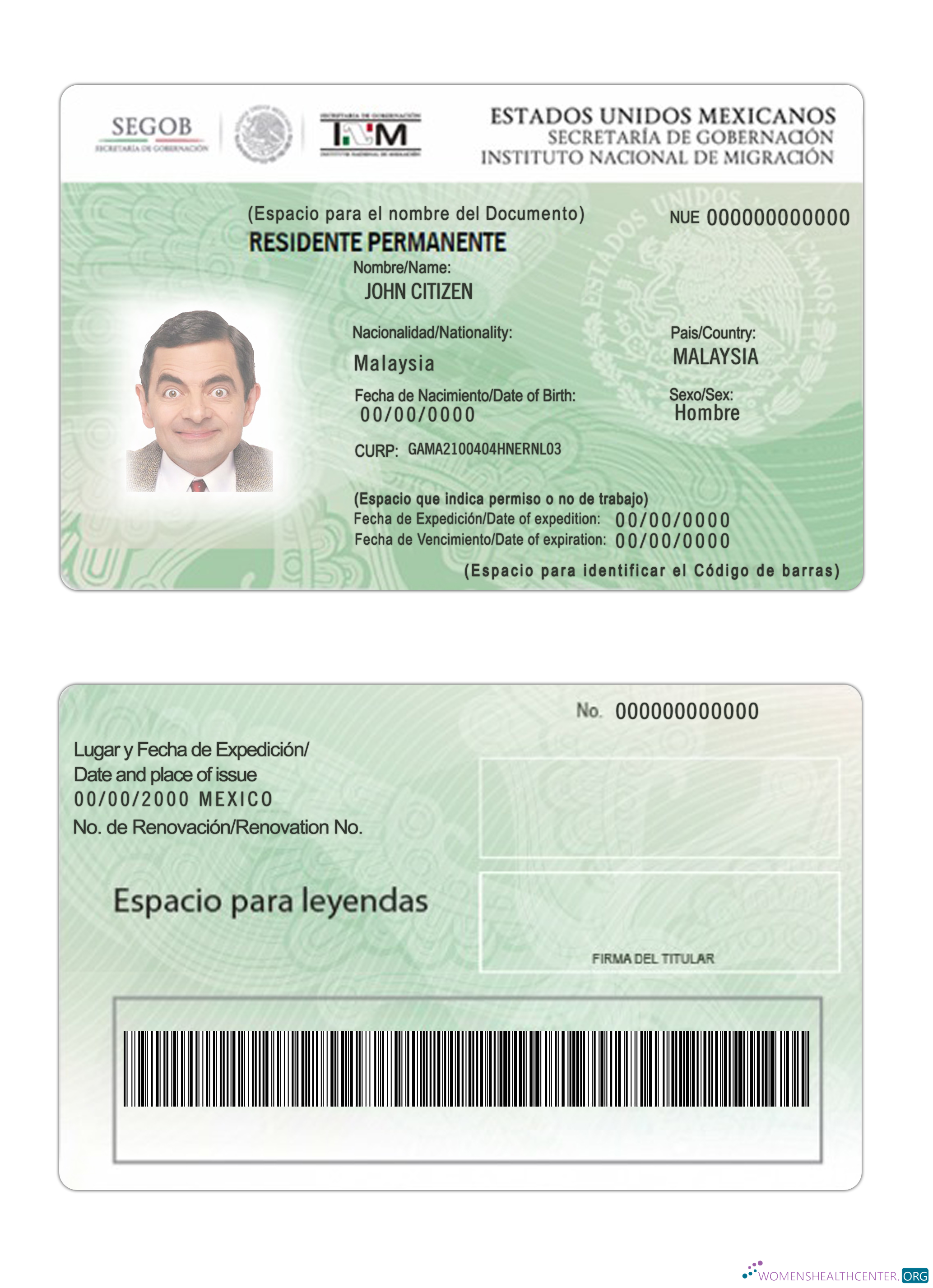 Премиум Скачать Мексика Зеленый Карта (residence Permit) Photoshop Шаблон
