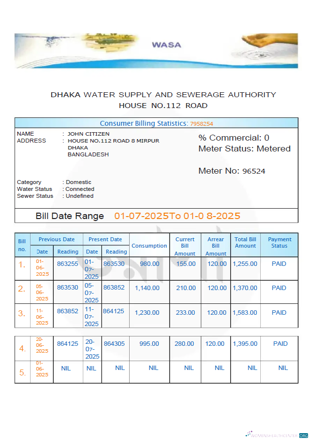 Professionelle Bangladesch Dhaka Wasser Versorgung und Abwasser Behörde Nebenkostenabrechnung Vorlage in Word und PDF Formats