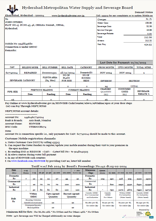 Editierbare Indien Hyderabad Metropolitan Wasser Versorgung und Abwasser Vorstand Nebenkostenabrechnung Vorlage in Word und PDF Formats