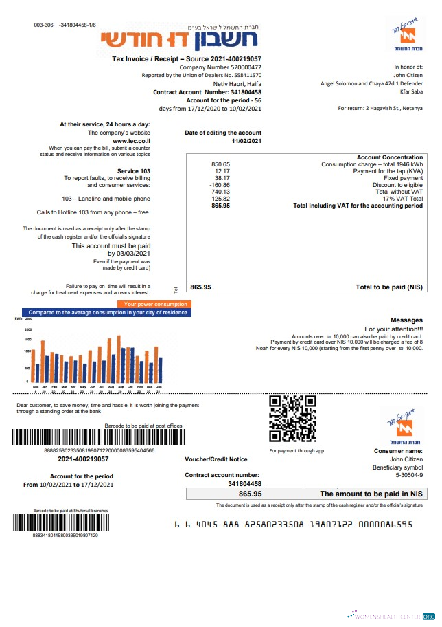 Editierbare Israel Electric Konzern Nebenkostenabrechnung Vorlage in Word und PDF Format (.doc und .PDF), in English