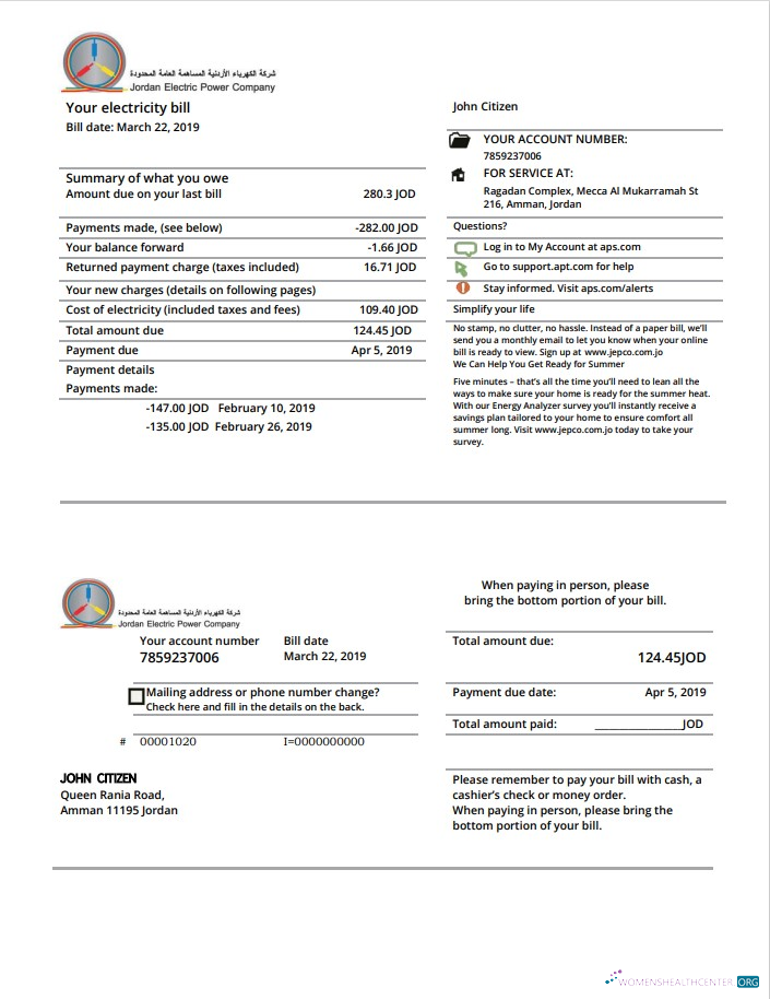 Realistische Jordanien Jordanian Electric Power Co JEPCO Strom Nebenkostenabrechnung Vorlage in Word und PDF Format