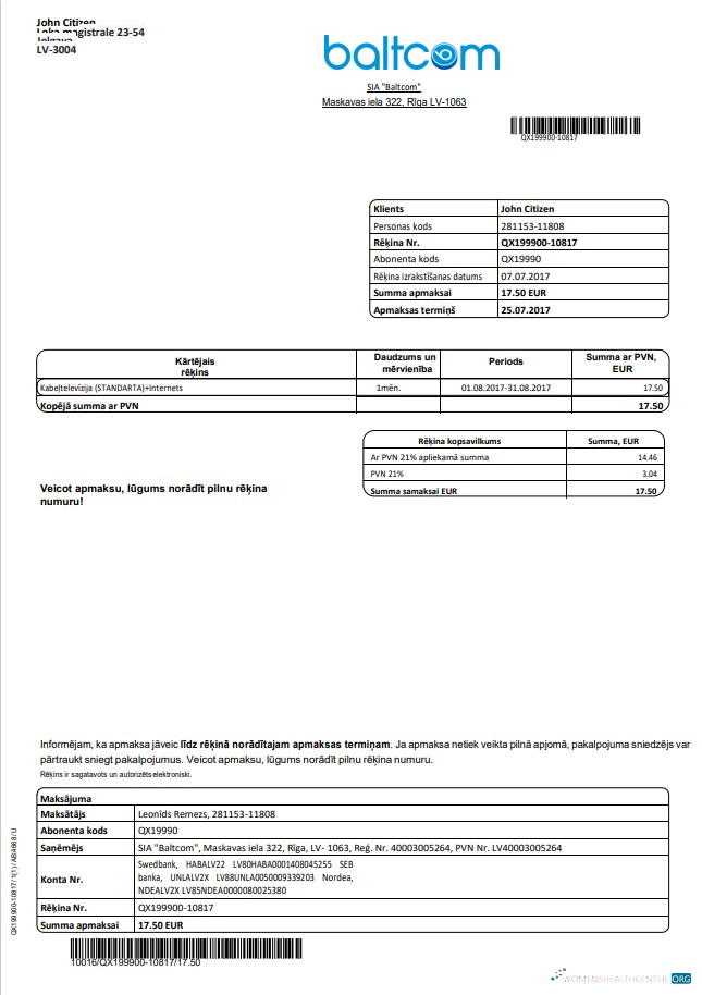 Realistische Lettland Baltcom Telecommunications Nebenkostenabrechnung Vorlage in Word und PDF Format (Latvian Version)
