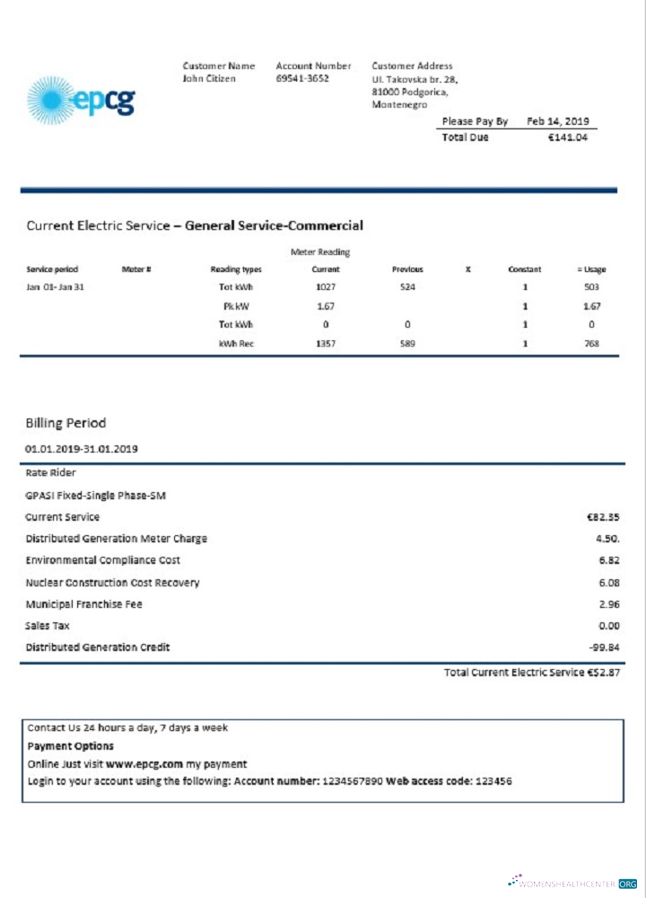 Realistische Montenegro Elektroprivreda Crne Gore (EPCG) Strom Nebenkostenabrechnung Vorlage in Word und PDF Format