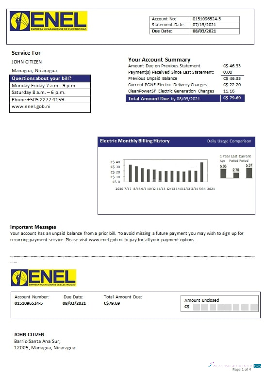 Premium Nicaragua Nicaraguan Strom Unternehmen ENEL Strom Nebenkostenabrechnung Vorlage in Word und PDF Format