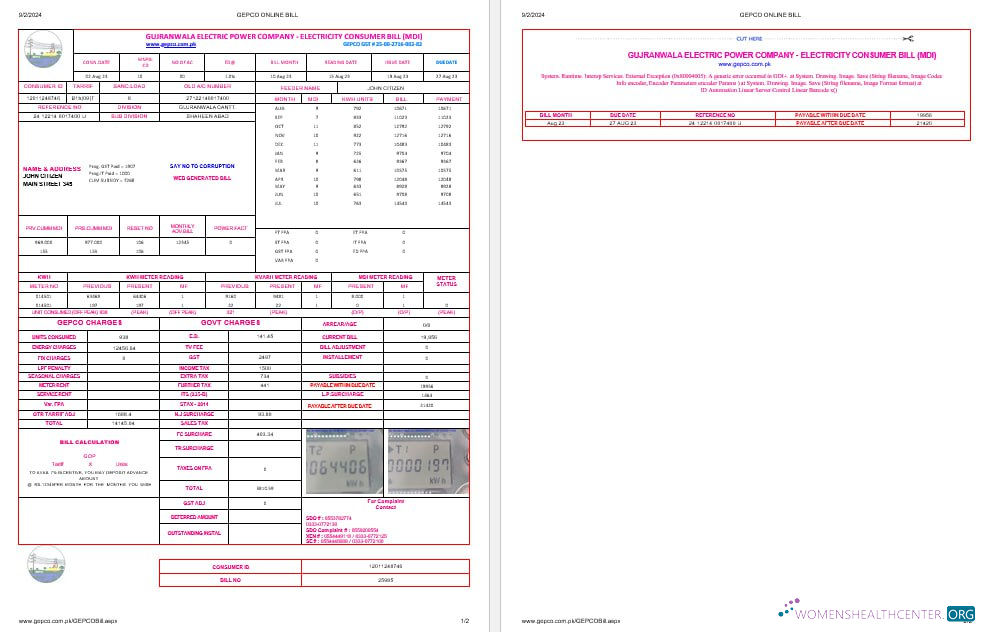 Pakistan Gujanwala Electric Power Unternehmen Strom Utility Bil Word und PDF Formats, 2 Seiten muster