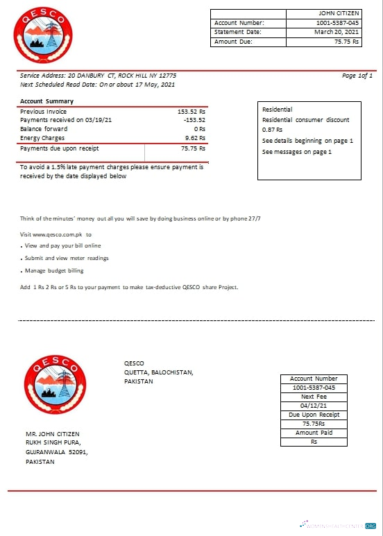Editierbare Pakistan Quetta Electric Versorgung Unternehmen Strom Nebenkostenabrechnung Vorlage in Word und PDF Format