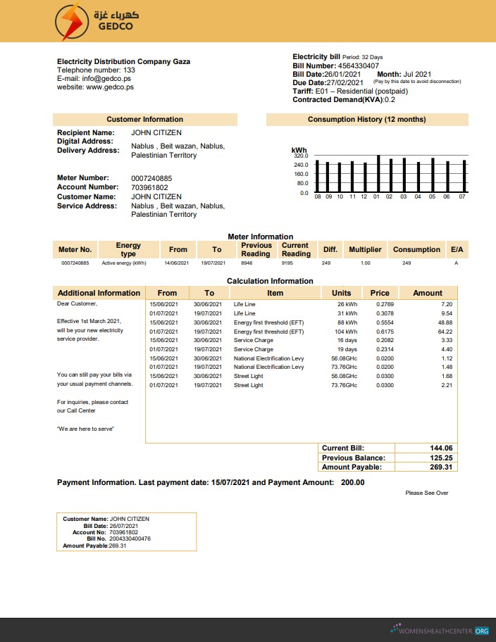 Professionelle Palestine Strom Verteilung Unternehmen Gaza (GEDCO) Nebenkostenabrechnung Vorlage in Word und PDF Format