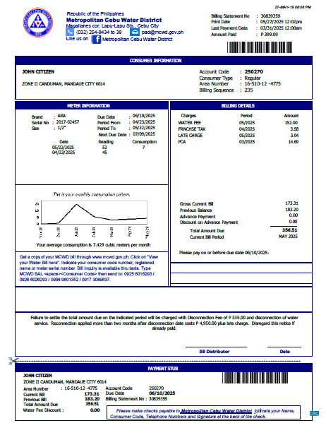 Premium Philippinen Metropolitan Cebu Wasser Bezirk Nebenkostenabrechnung Vorlage in Word und PDF Formats, Version 2