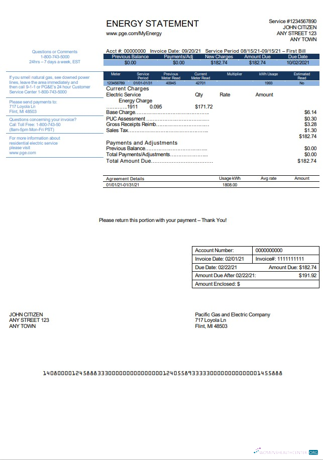 Premium USA California PG&E (Pacific Gas und Electric Unternehmen) Nebenkostenabrechnung Vorlage in Word und PDF Format, Version 2