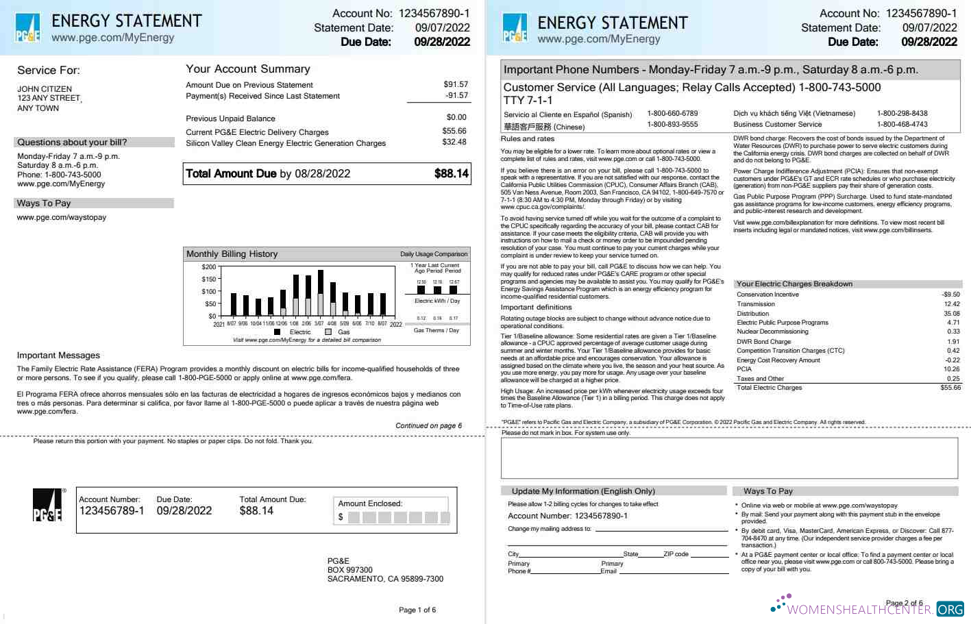 Professionelle USA California PG&E (Pacific Gas und Electric Unternehmen) Nebenkostenabrechnung, Word und PDF Vorlage, 6 Seiten 1 2