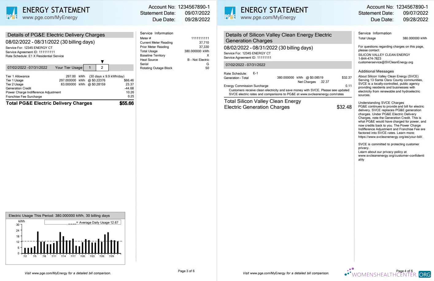 Professionelle USA California PG&E (Pacific Gas und Electric Unternehmen) Nebenkostenabrechnung, Word und PDF Vorlage, 6 Seiten 3 4
