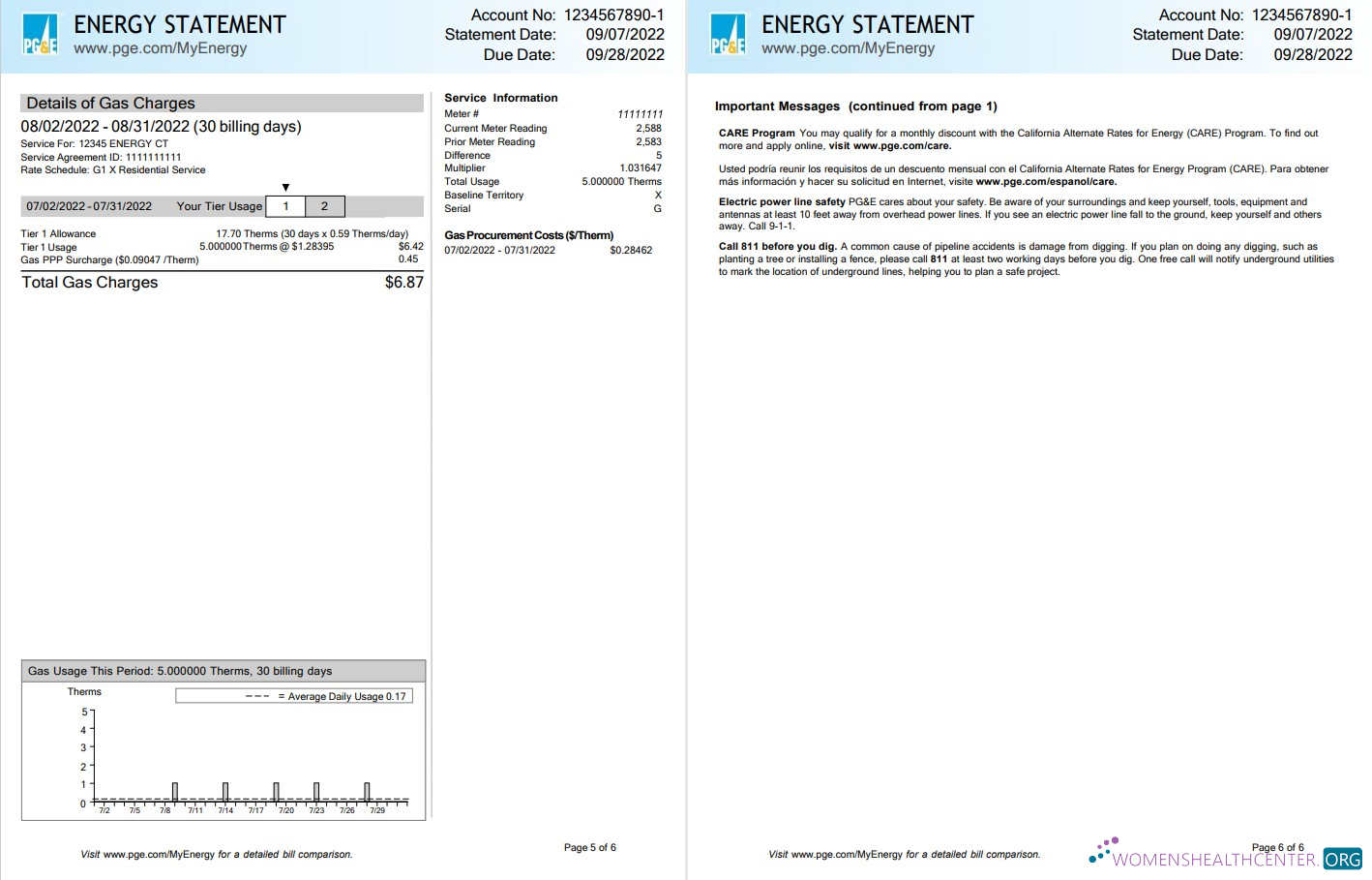Premium USA California PG&E (Pacific Gas und Electric Unternehmen) Nebenkostenabrechnung, Word und PDF Vorlage, 6 Seiten 5 6