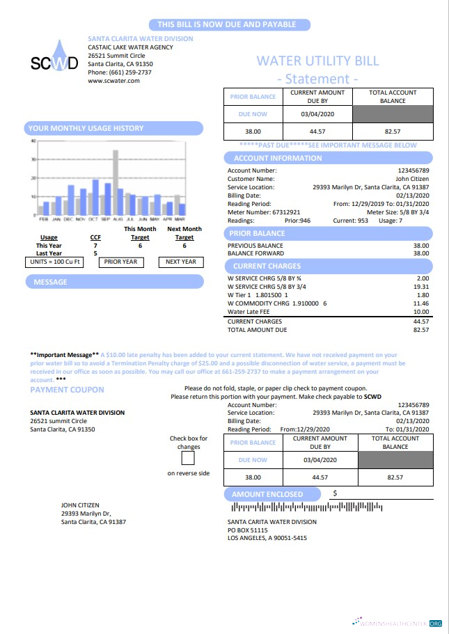 Hochwertige USA California Santa Clarita Wasser Division (SCWD) Nebenkostenabrechnung Vorlage in Word und PDF Format