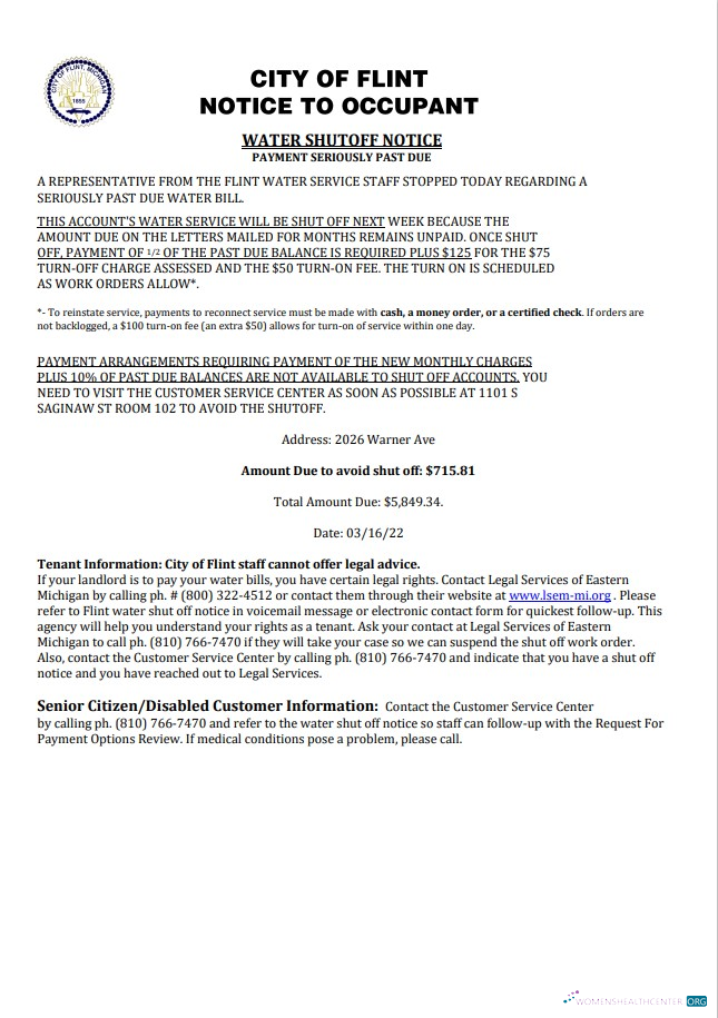 Realistische USA Stadt von Flint Michigan Notice To Occupant Wasser Nebenkostenabrechnung Shutoff Notice, Word und PDF Vorlage