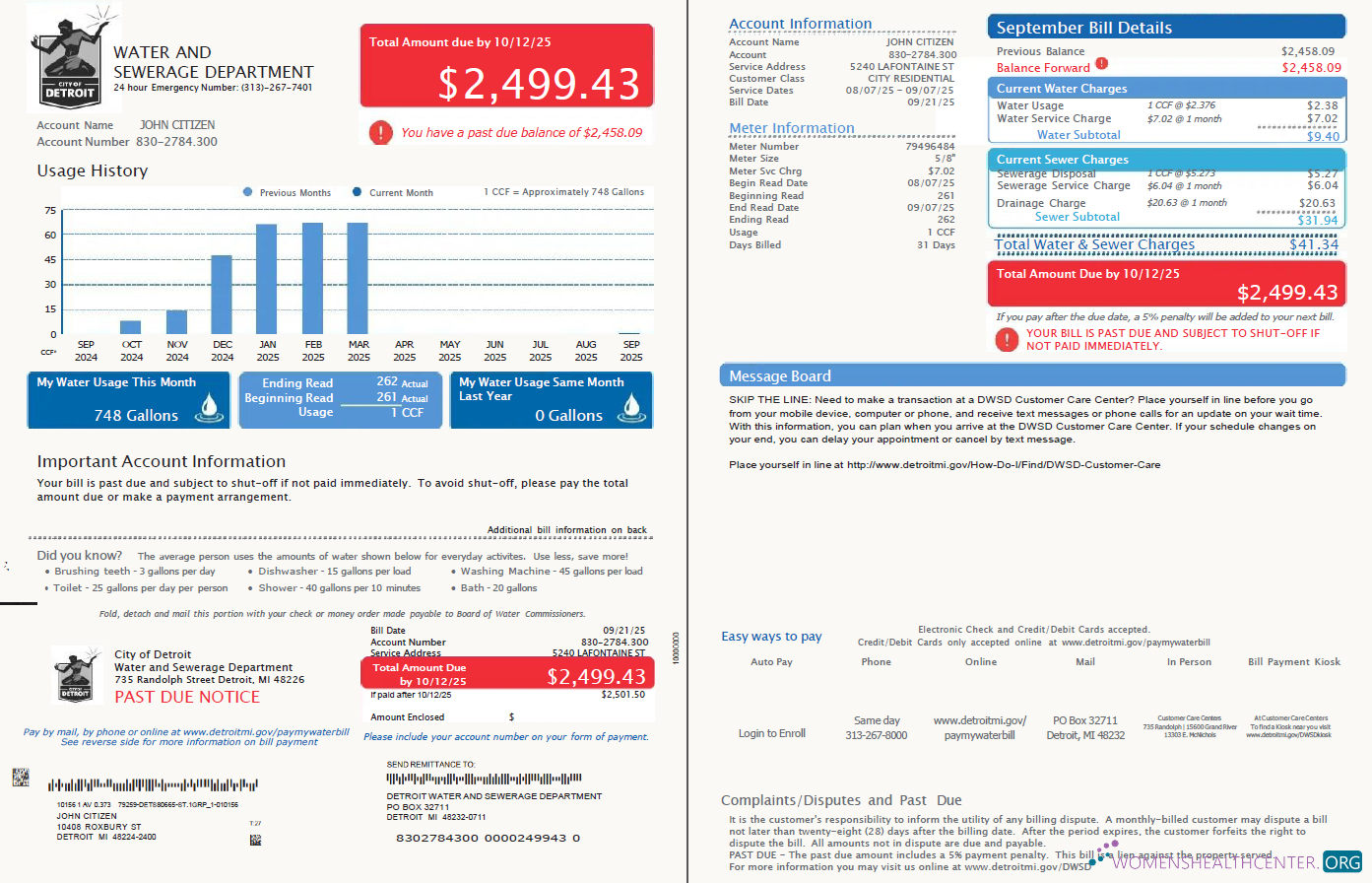 Editierbare USA Detroit Wasser und Abwasser Abteilung Nebenkostenabrechnung Vorlage in Word und PDF Formats, 2 Seiten, Version 2