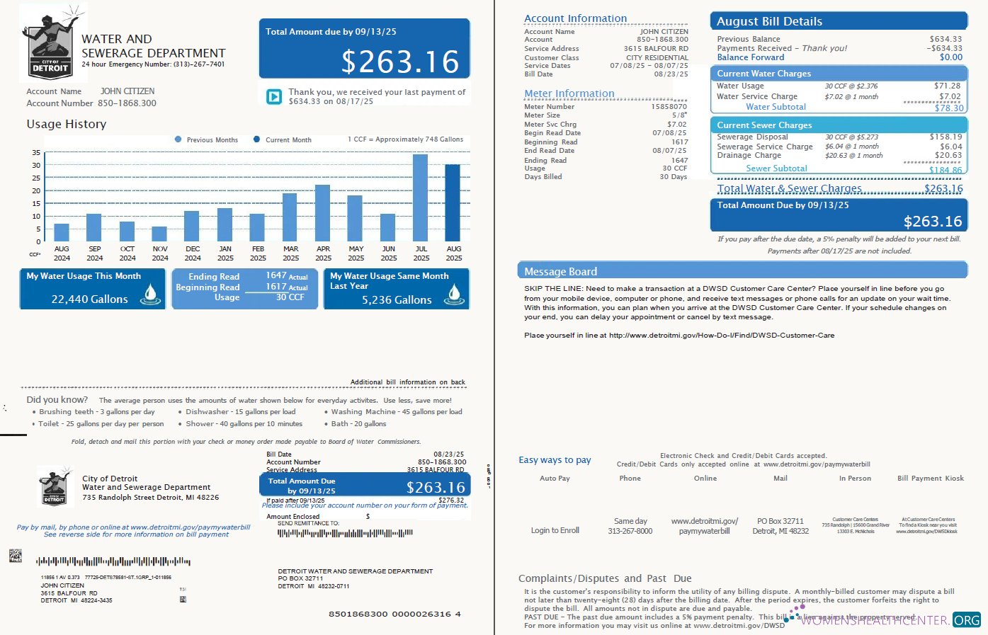 Hochwertige USA Detroit Wasser und Abwasser Abteilung Nebenkostenabrechnung Vorlage in Word und PDF Formats, 2 Seiten, Version 5