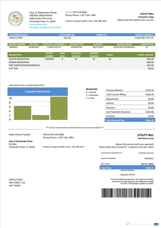 Professionelle USA Florida Stadt von Pembroke Pines Utilities Abteilung Nebenkostenabrechnung Vorlage in Word und PDF Format