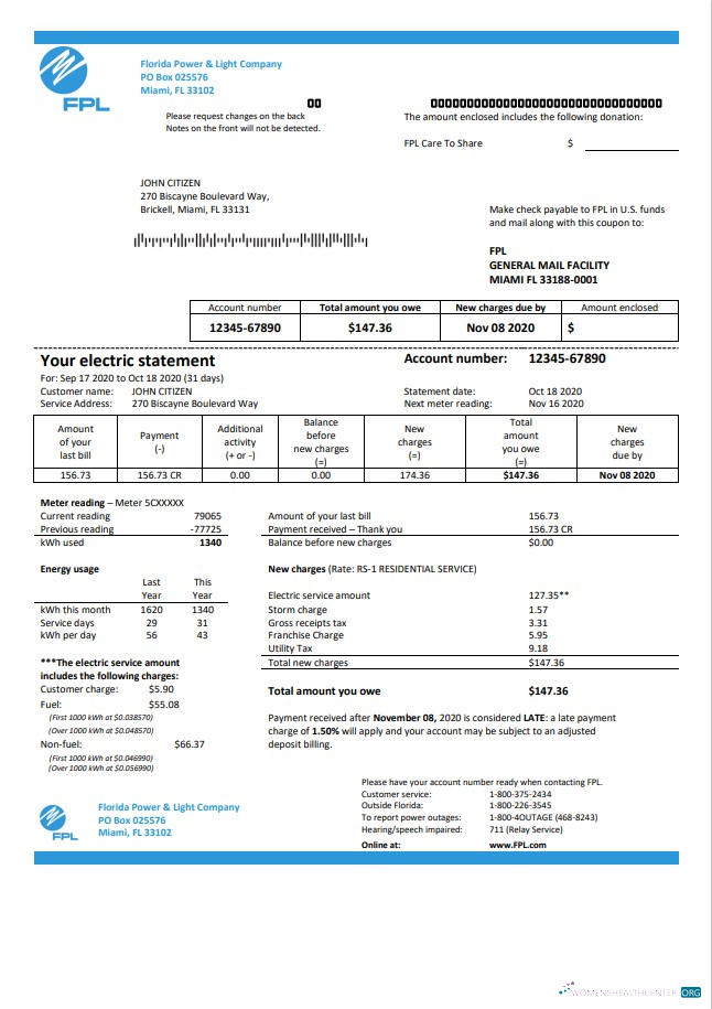 Hochwertige USA Florida Power & Light Unternehmen (FPL) Strom Nebenkostenabrechnung Vorlage in Word und PDF Format