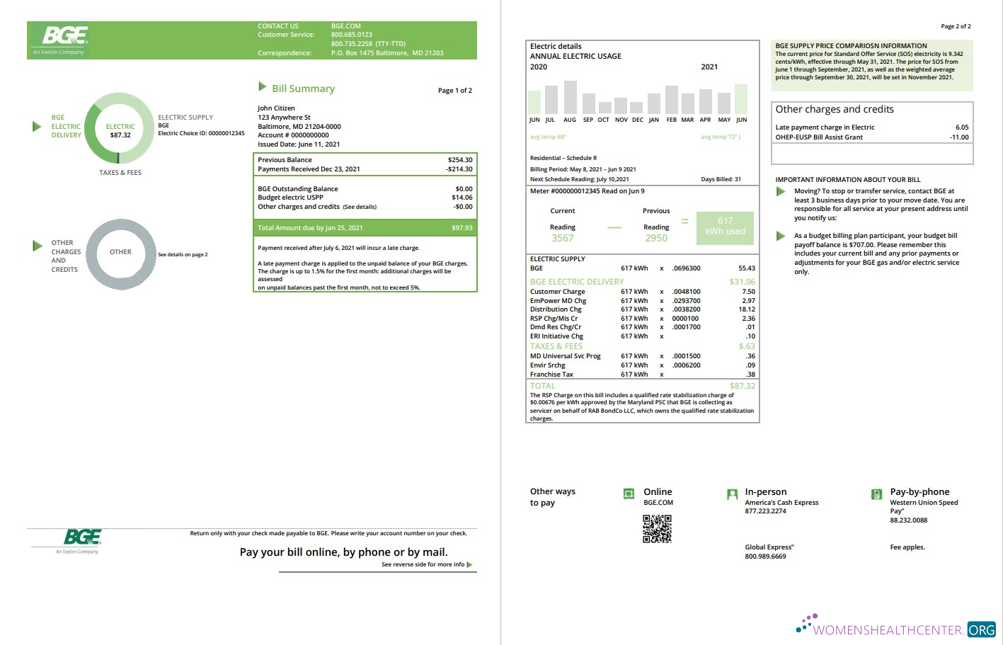 Editierbare USA Maryland Baltimore Gas und Electric (BGE) Nebenkostenabrechnung Vorlage in Word und PDF Format (2 Seiten)