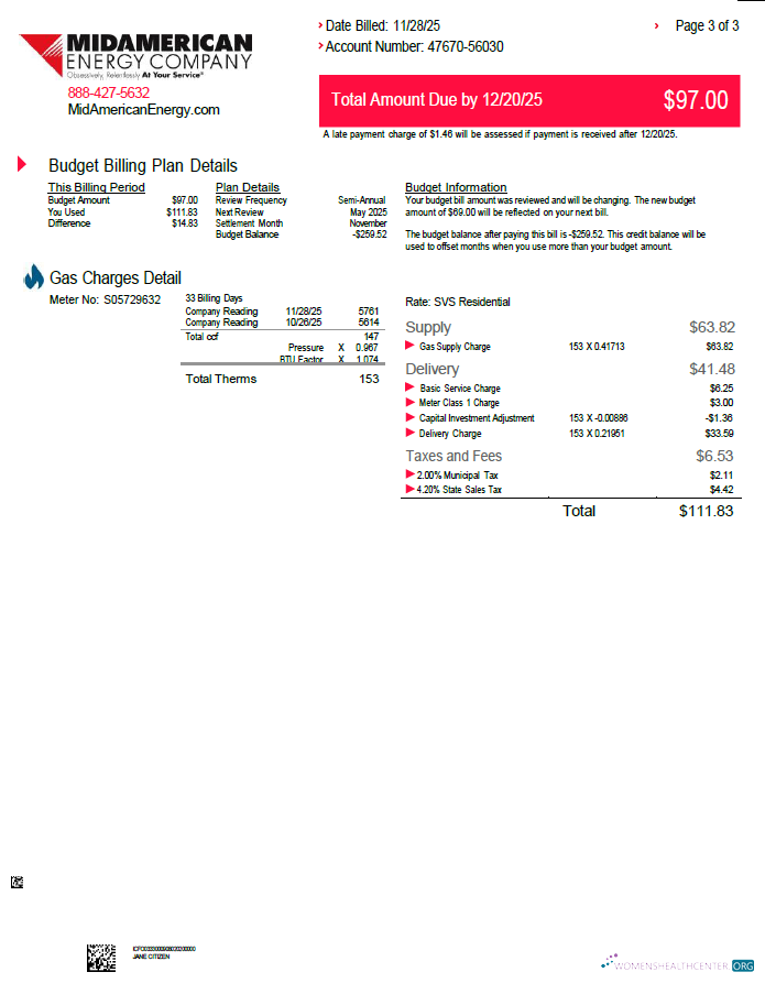 Realistische USA MidAmerican Energy Unternehmen Nebenkostenabrechnung Vorlage in Word und PDF Formats, 3 Seiten, 3rd Seite