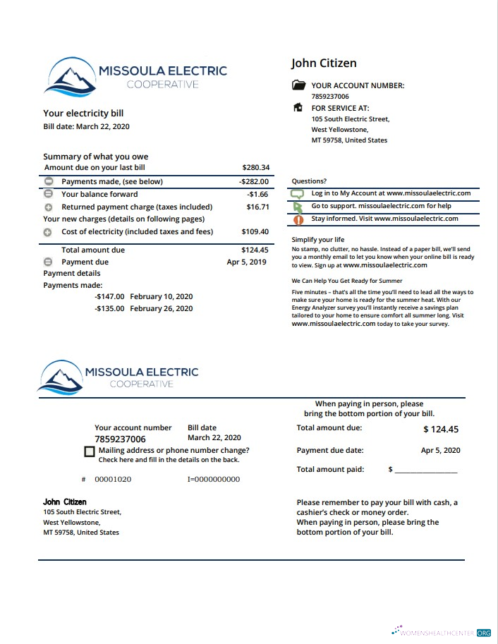 Editierbare USA Montana Missoula Electric Cooperative Strom Nebenkostenabrechnung Vorlage in Word und PDF Format