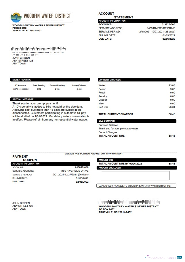 Editierbare USA Nord Carolina Woodfin Sanitary Wasser & Sewer Bezirk Nebenkostenabrechnung Vorlage in Word und PDF Format
