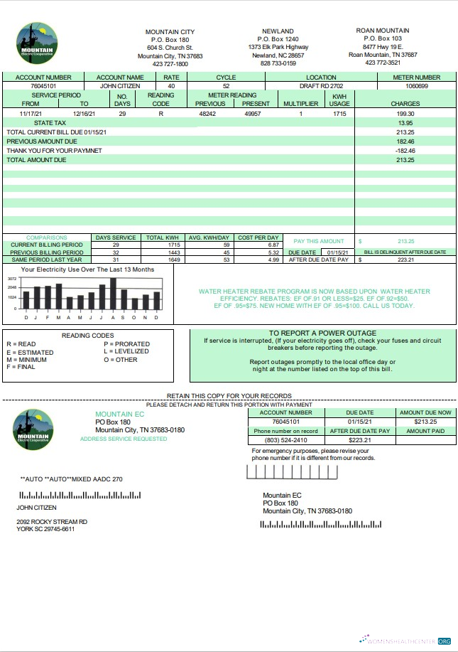 Hochwertige USA Tennessee Mountain Electric Cooperative, Inc. (MEC) Nebenkostenabrechnung Vorlage in Word und PDF Format