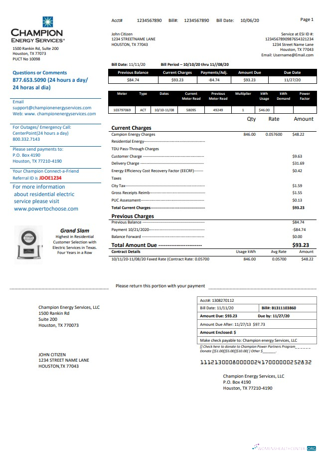 Premium USA Texas Champion Energy Services Nachweis von Adresse Nebenkostenabrechnung Vorlage in Word und PDF Format