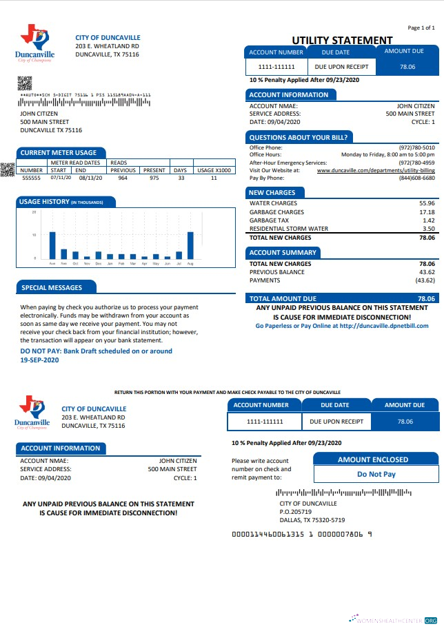 Hochwertige USA Texas Stadt von Duncanville Wasser, Sewer, Garbage Nebenkostenabrechnung Vorlage in Word und PDF Format