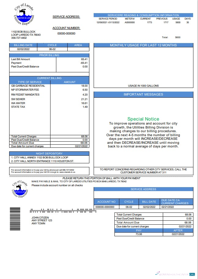 Hochwertige USA Texas Stadt von Laredo Utilities Abteilung Wasser Nebenkostenabrechnung Vorlage in Word und PDF Format