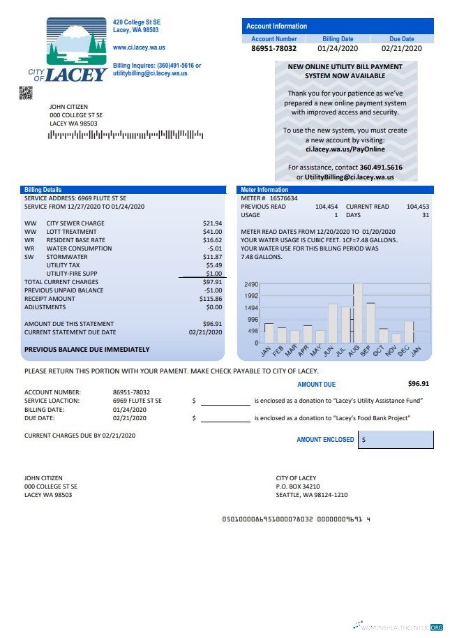 Premium USA Washington Stadt von Lacey Wasser Nebenkostenabrechnung Vorlage in Word und PDF Format (Nachweis von Adresse)