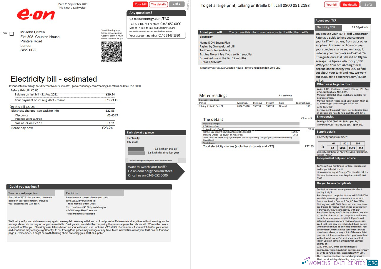 Editierbare Vereinigtes Königreich E.ON Strom Nebenkostenabrechnung Vorlage in Word und PDF Format, 2 Seiten, Version 1