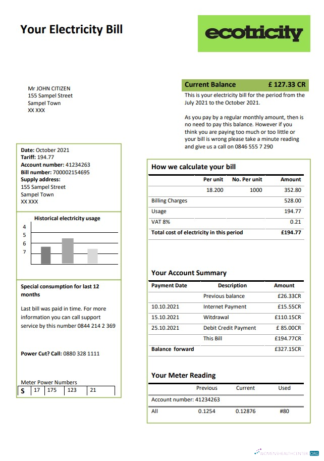 Realistische Vereinigtes Königreich Ecotricity Strom Nebenkostenabrechnung Vorlage in Word und PDF Format (.doc und .PDF)