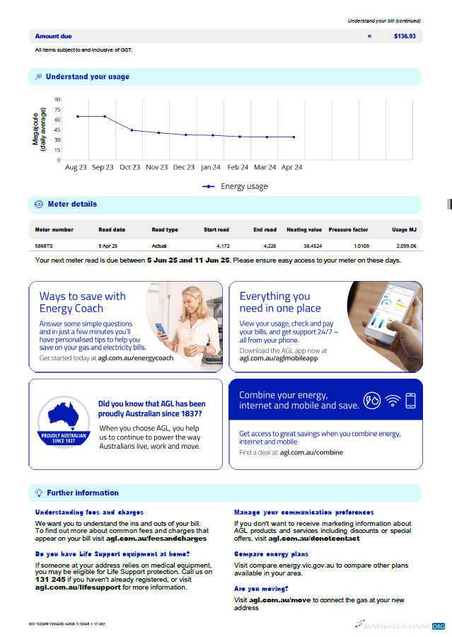Premium Herunterladen Australien AGL Gas Nebenkostenabrechnung Vorlage in Word und PDF Formats, 3 Seiten, 3rd Seite PDF Vorlage
