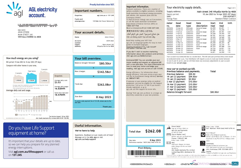 Editierbare Herunterladen Australien AGL Strom Konto Energy Nebenkostenabrechnung Word und PDF Formats (2) PDF Vorlage