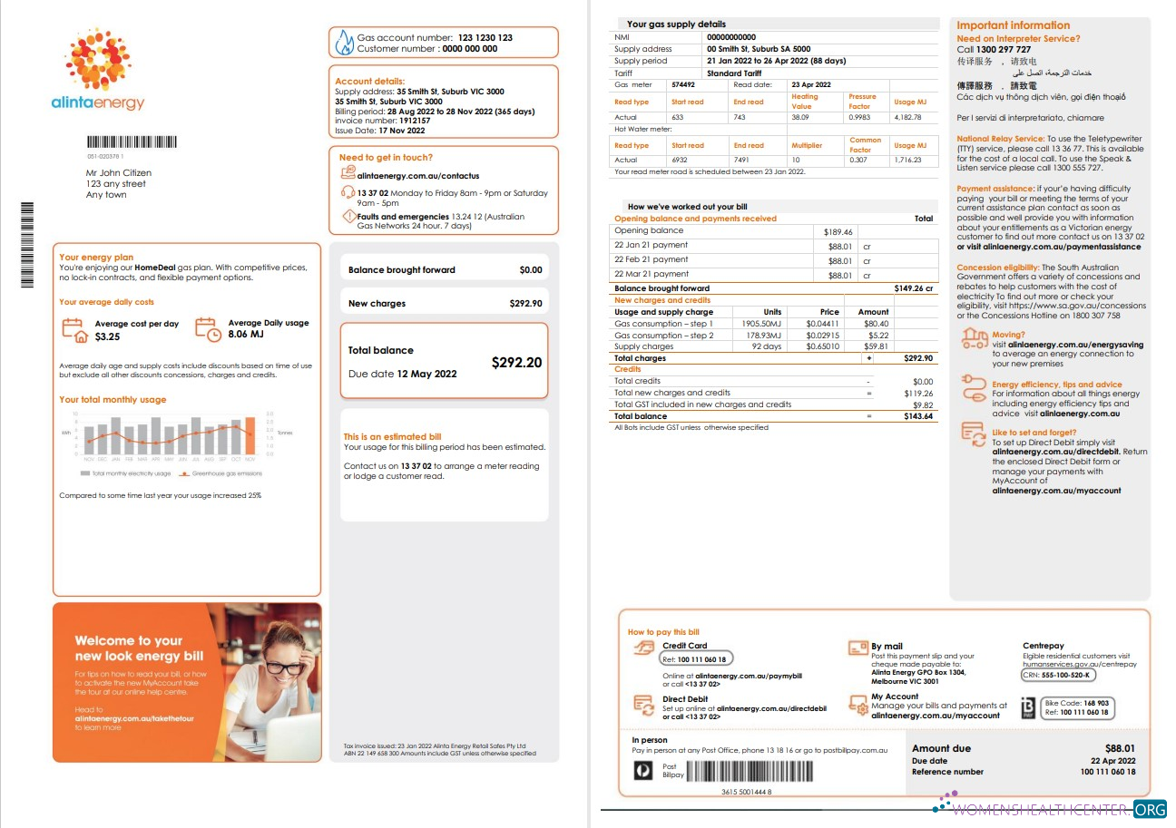 Editierbare Herunterladen Australien Alinta Energy Gas Nebenkostenabrechnung Vorlage in Word und PDF Format, 2 Seiten PDF Vorlage