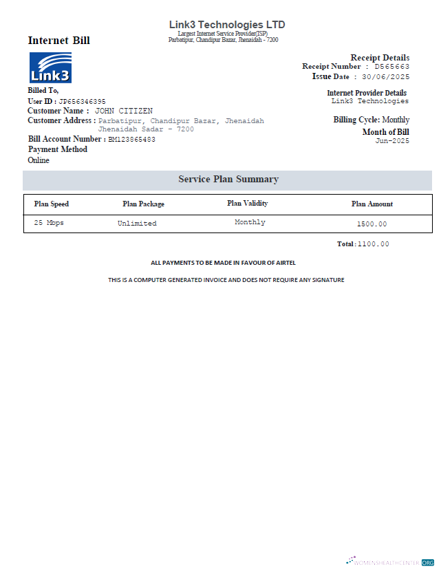 Editierbare Herunterladen Bangladesch Link3 Technologies GmbH Utlity Bill Vorlage in Word und PDF Formats PDF Vorlage