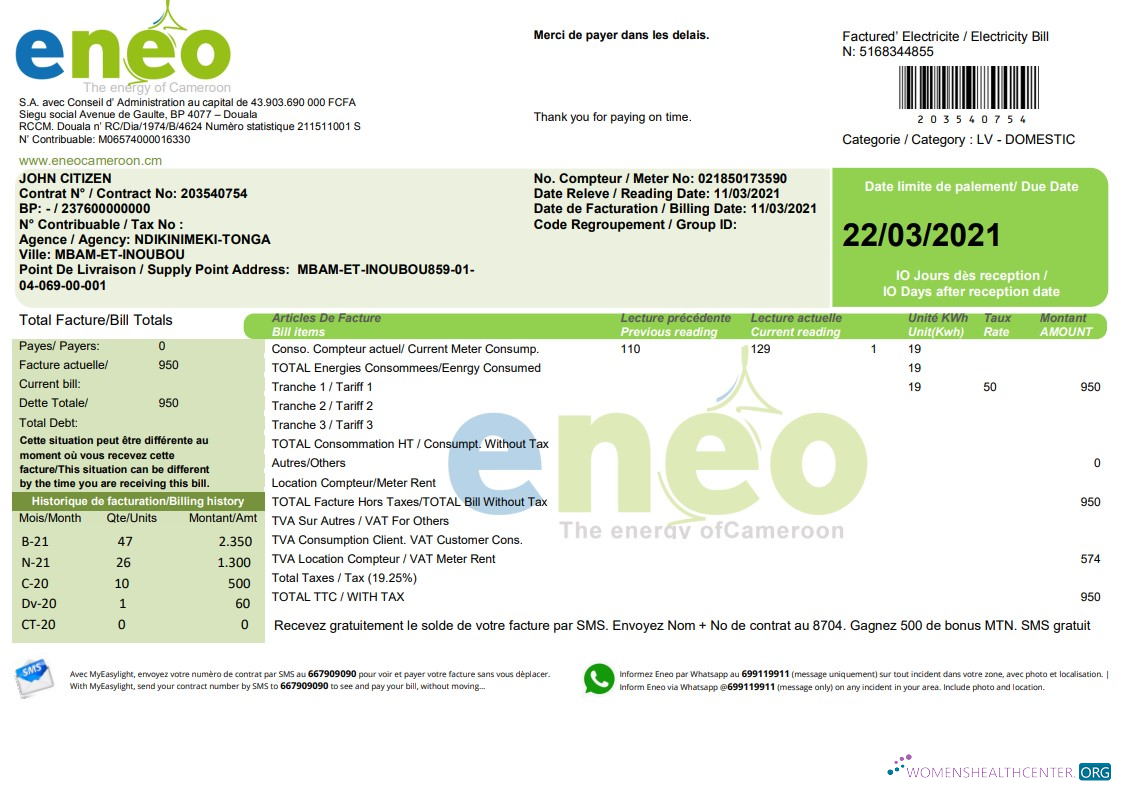 Realistische Herunterladen Kamerun ENEO Strom Nebenkostenabrechnung Vorlage in Word und PDF Format (Aktuell Version) PDF Vorlage