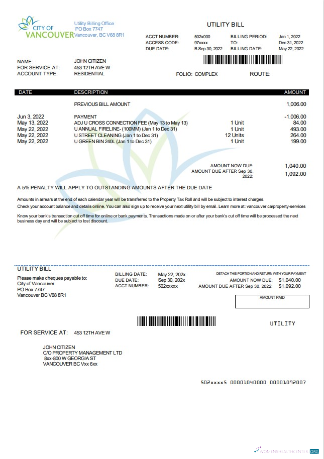 Realistische Herunterladen Kanada British Columbia Stadt von Vancouver Nebenkostenabrechnung Vorlage in Word und PDF Format PDF Vorlage
