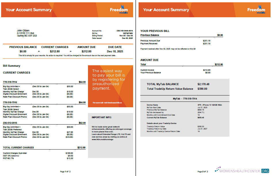 Professionelle Herunterladen Kanada Freedom Mobil Nebenkostenabrechnung Vorlage in Word und PDF Formats, 2 Seiten PDF Vorlage